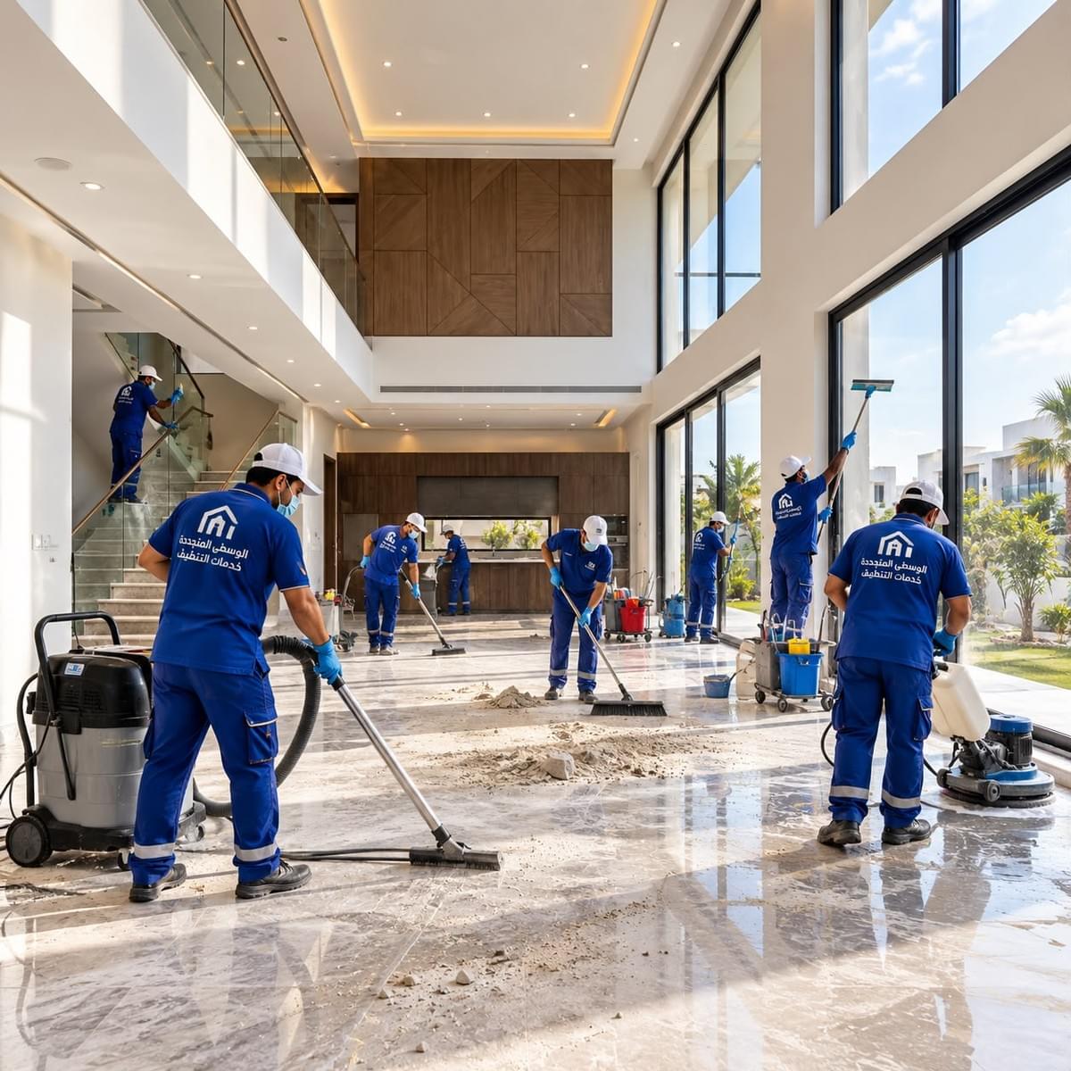 تنظيف غبار البناء من الفلل الجديدة بالرياض بعد التشطيب، بواسطة فريق عمال يستخدم المكانس الصناعية ومعدات تنظيف الأرضيات الرخامية والزجاج والسلالم لتجهيز الفيلا قبل السكن. تنظيف غبار البناء من الفلل الجديدة بالرياض بعد التشطيب، بواسطة فريق عمال يستخدم المكانس الصناعية ومعدات تنظيف الأرضيات الرخامية والزجاج والسلالم لتجهيز الفيلا قبل السكن.