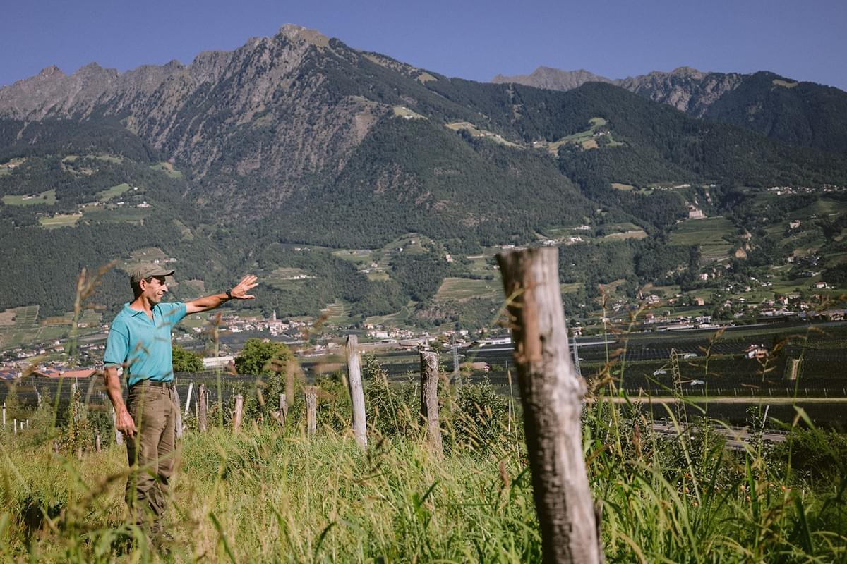 Ein Bauer zeigt in die Ferne, im Hintergrund die Südtiroler Berge