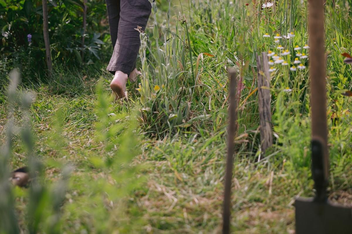 Eine Frau geht barfuss durch ihren Garten