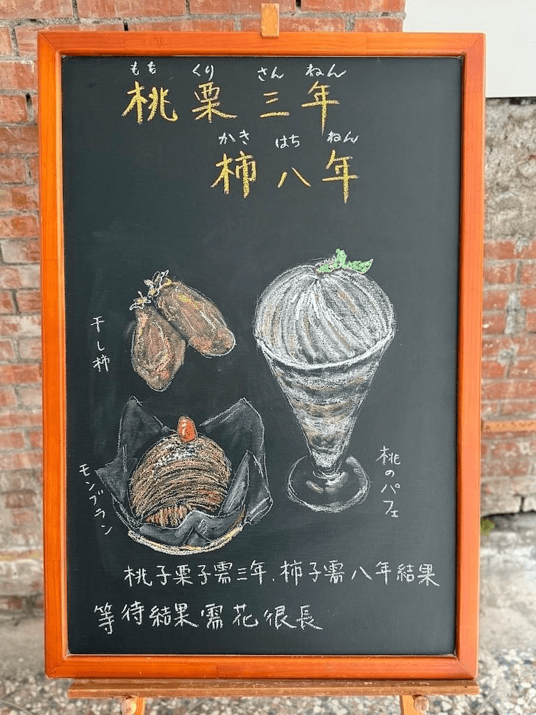 小さい黒板にチョークで絵が描いてあります。日本語のことわざ・慣用表現を紹介するための絵です。上部に横書き二行で「桃栗三年／柿八年」と書いてあります。その下に、三種類のスイーツのイラストが描いてあります。赤い干し柿が2つ、栗が載ったモンブラン、ガラスのカップに入った桃のパフェ。