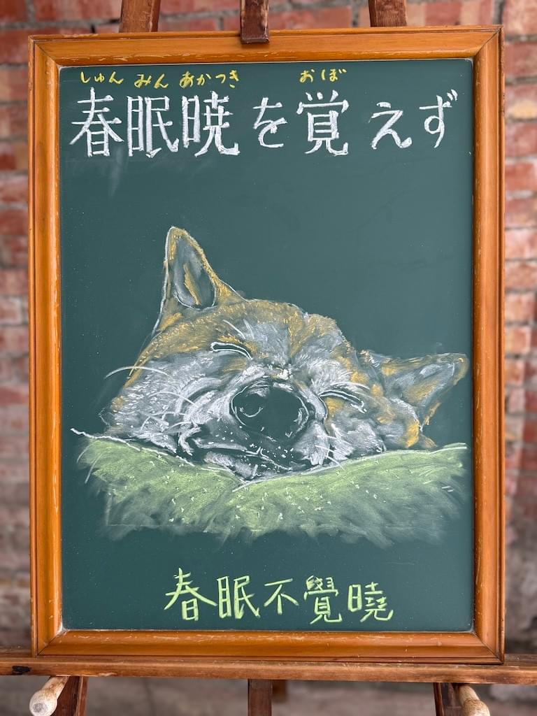 小さい黒板にチョークで絵が描いてあります。日本語のことわざを説明するための黒板です。 縦長の黒板で、中央にパイナップルを左手で持っているイラストが描いてあります。右がわに縦書き一行で「腹八分に医者いらず」左側に縦書き二行で「吃八分飽最合適／可以不用醫生」と書いてあります。下部に横書きで「満腹になるまで食べないで八分目で止めておけば病気をしない」と説明が書いてあります。