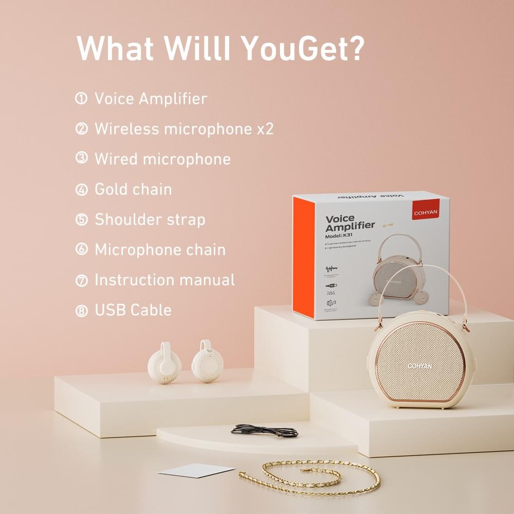 COHYAN K31 Wireless Voice Amplifier | Dual Wireless Lapel Mics | 30H 4500mAh 