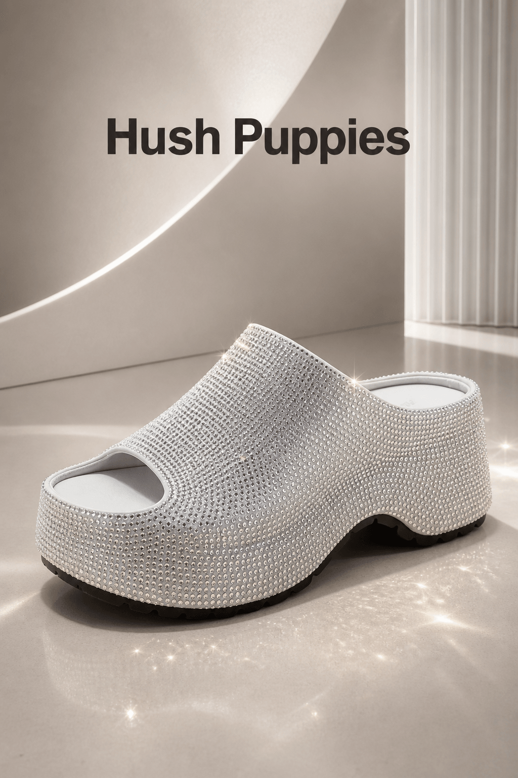 Hush Puppies 女款銀色水鑽厚底拖鞋