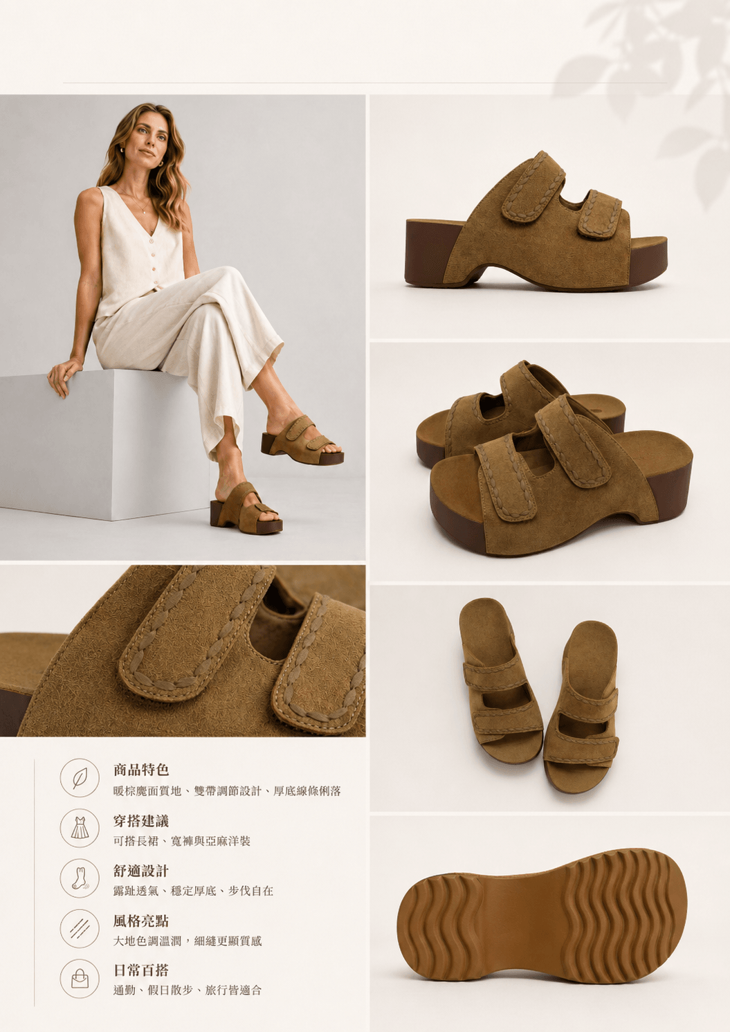 Hush Puppies 焦糖絨感厚底雙帶涼拖