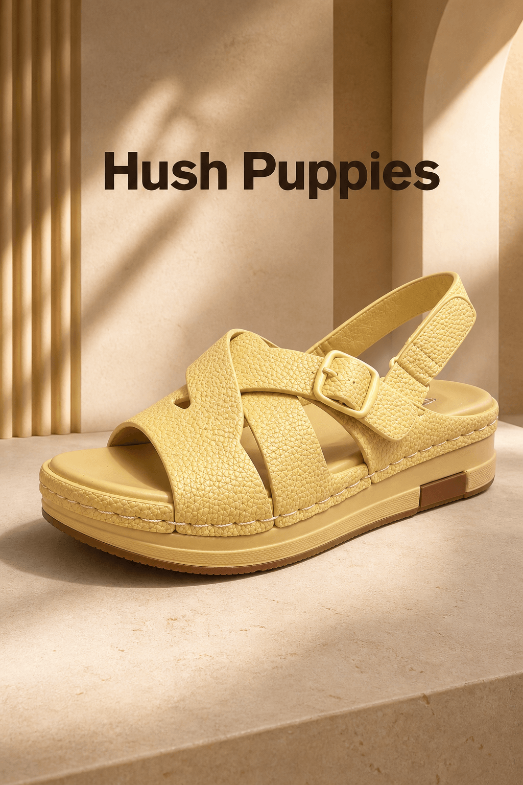 Hush Puppies 女款芥末黃交叉寬帶厚底涼鞋