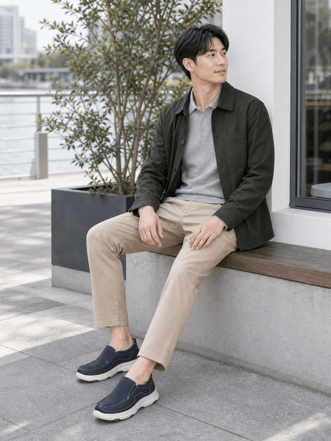 Hush Puppies 深藍皮革莫卡休閒鞋