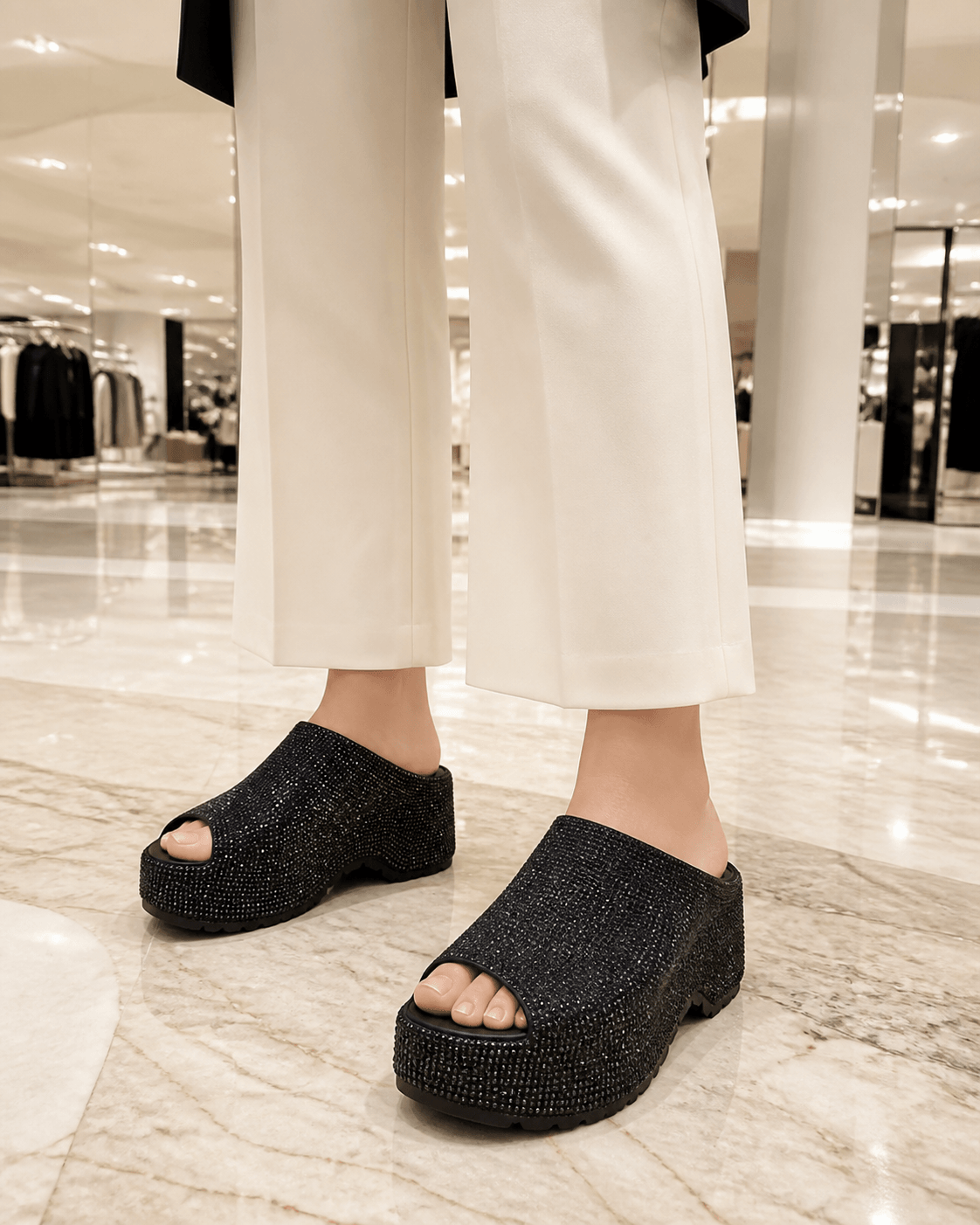Hush Puppies 女款黑色水鑽厚底拖鞋