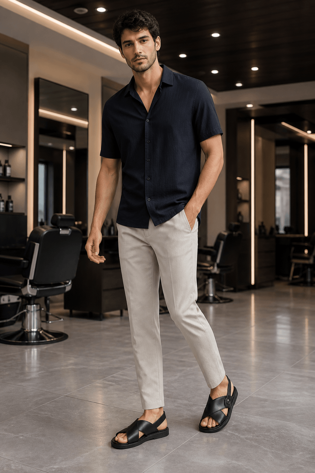 Hush Puppies 男款黑色牛皮後帶涼鞋