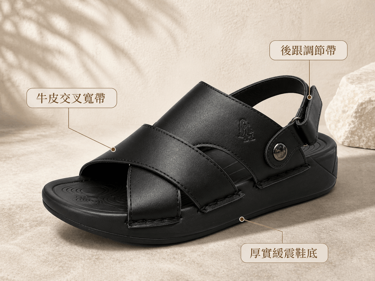 Hush Puppies 男款黑色牛皮後帶涼鞋