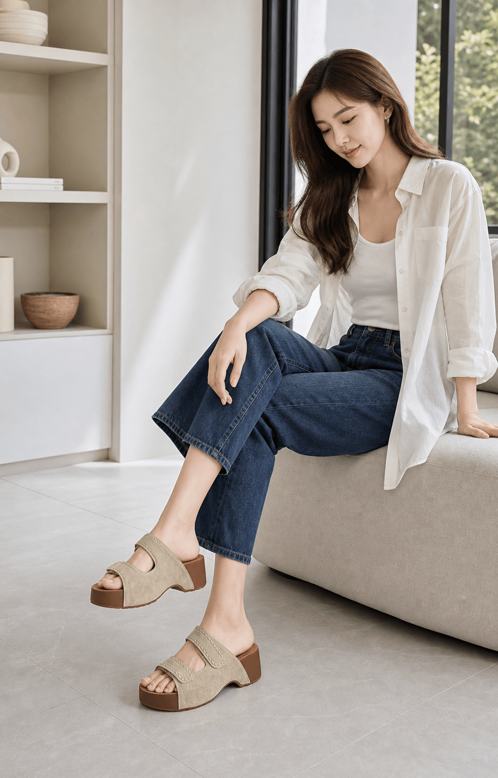 Hush Puppies 卡其絨感厚底雙帶涼拖