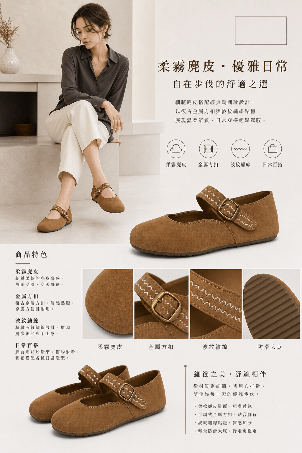 Hush Puppies 棕色絨感扣帶休閒鞋