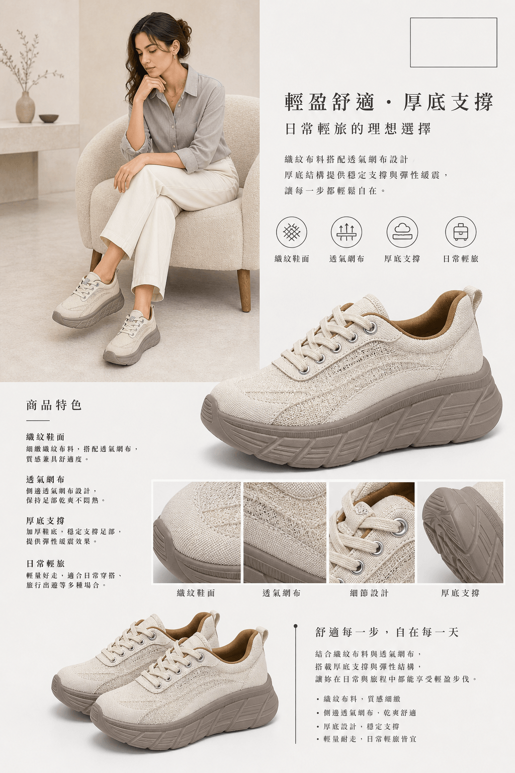 Hush Puppies 米卡其厚底休閒鞋
