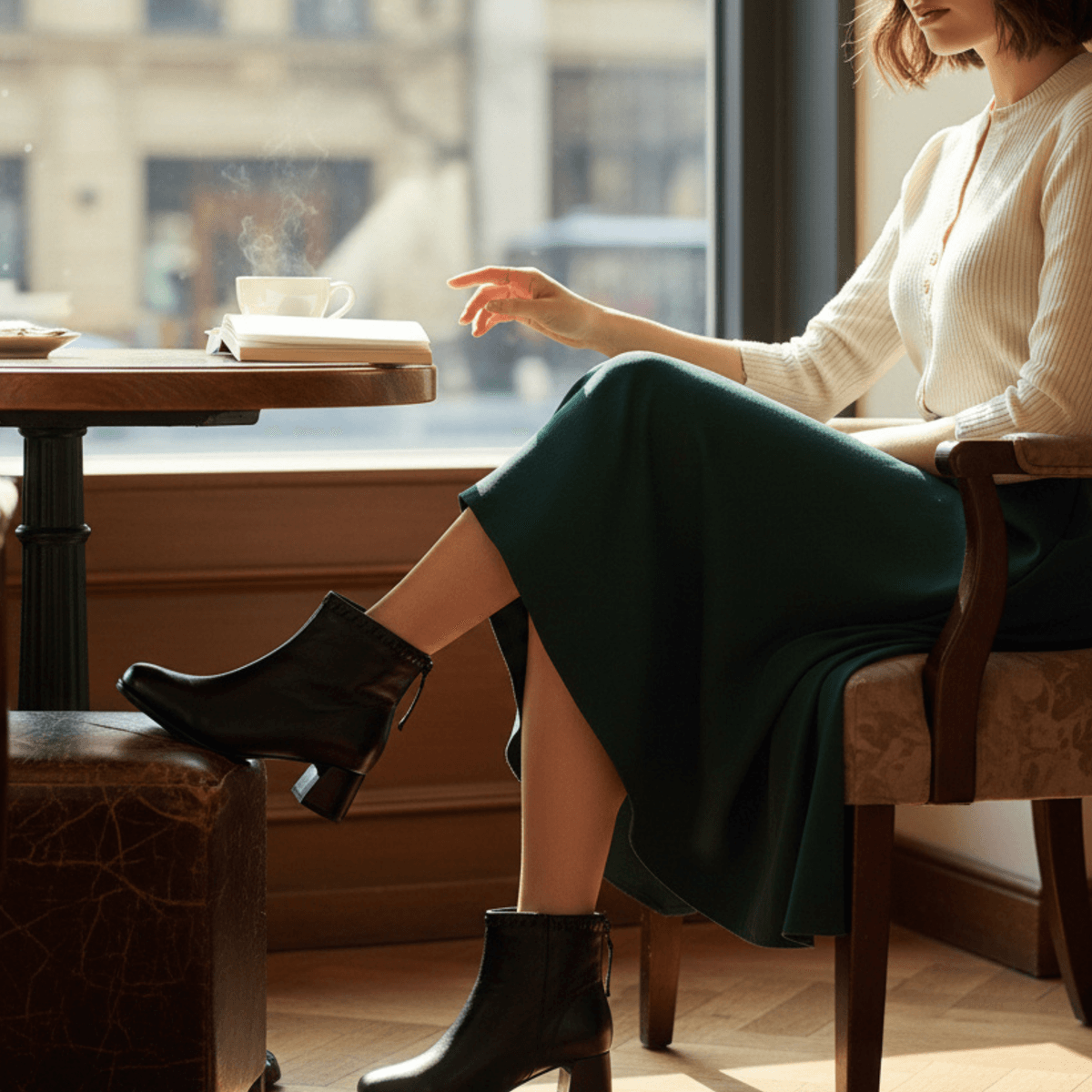 Hush Puppies 法式編織方頭羊皮粗跟短靴