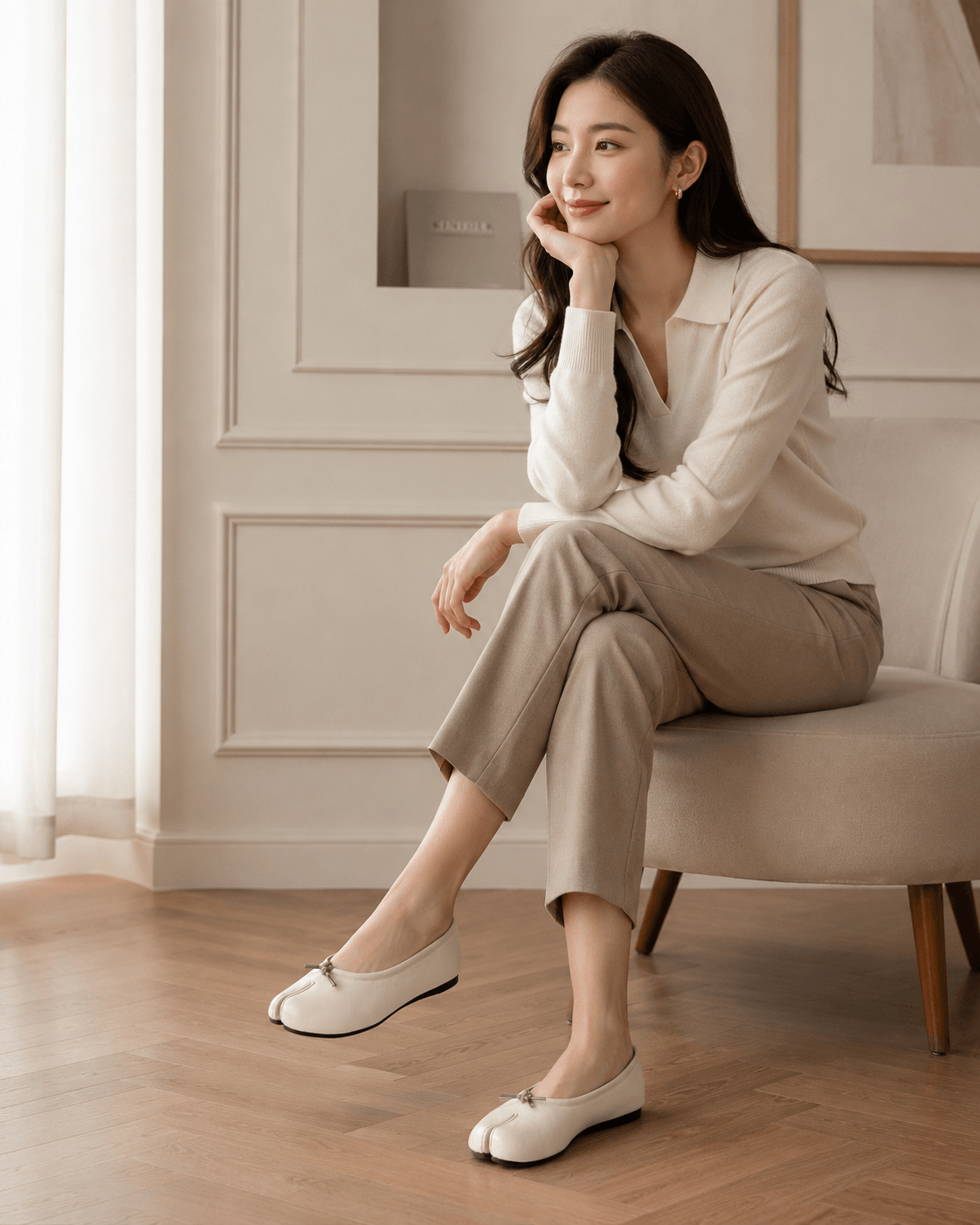 Hush Puppies 米白皮革方頭娃娃鞋