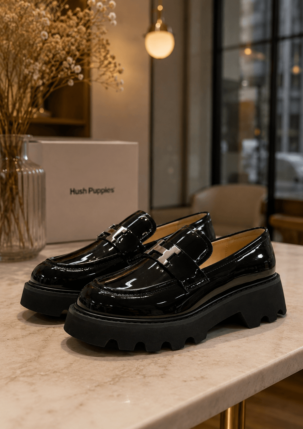 Hush Puppies 黑色漆皮厚底樂福鞋