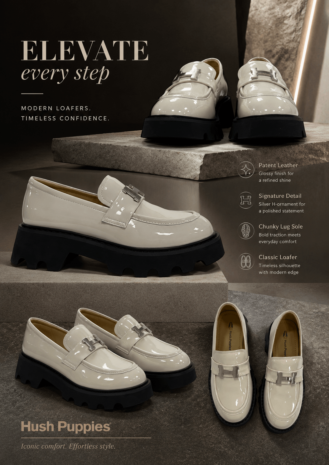 Hush Puppies 白色漆皮厚底樂福鞋