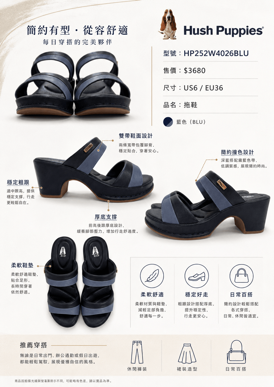 Hush Puppies 深藍雙帶厚底涼鞋