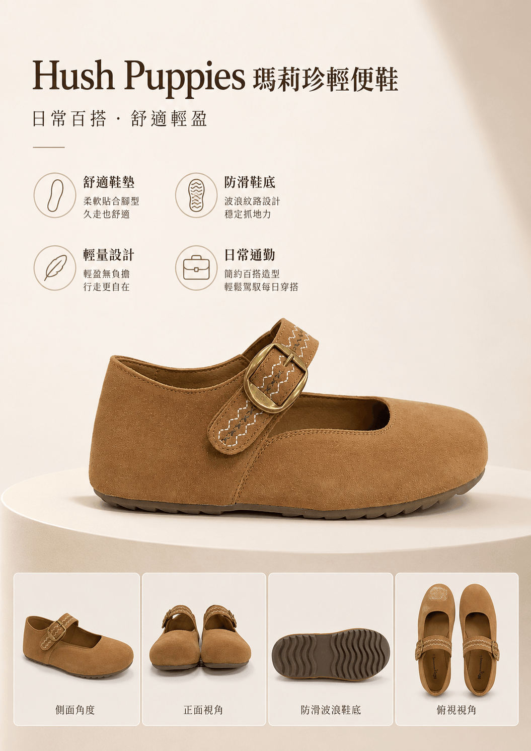 Hush Puppies 棕色絨感扣帶休閒鞋