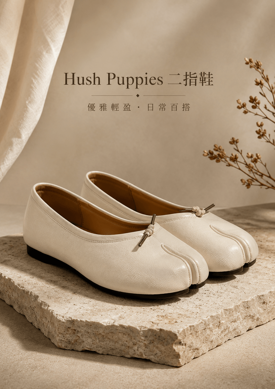 Hush Puppies 米白皮革方頭娃娃鞋