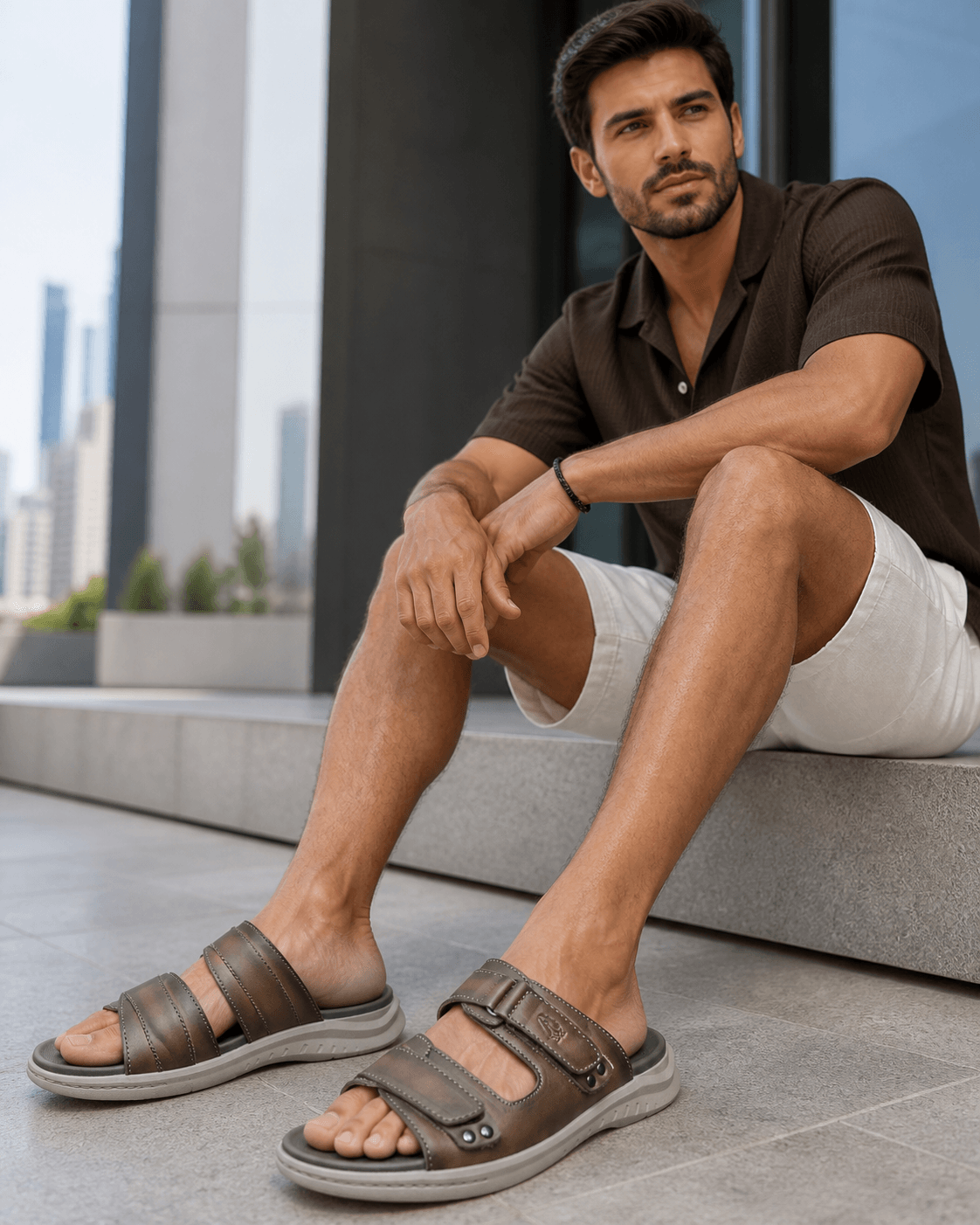 Hush Puppies 男款棕灰雙帶休閒拖鞋