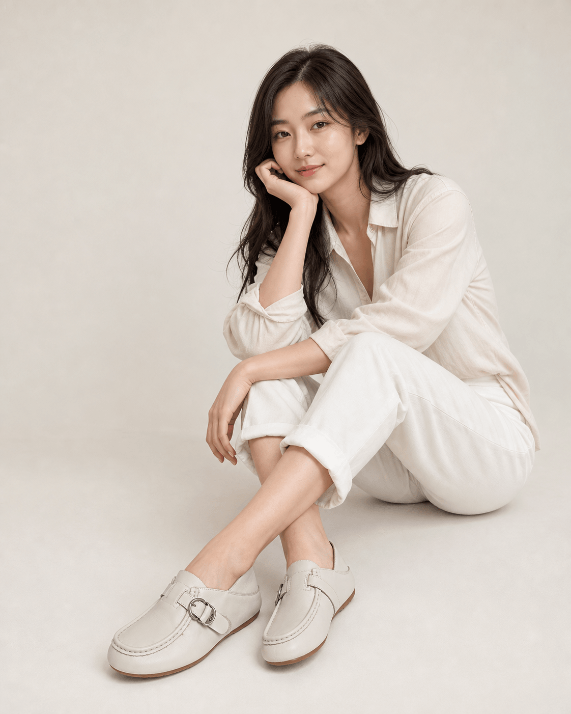 Hush Puppies 米白方扣樂福鞋