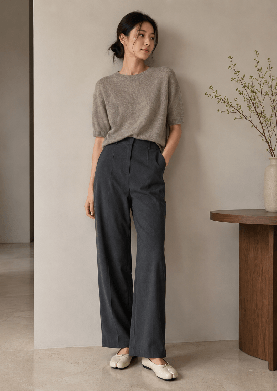 Hush Puppies 米白皮革方頭娃娃鞋