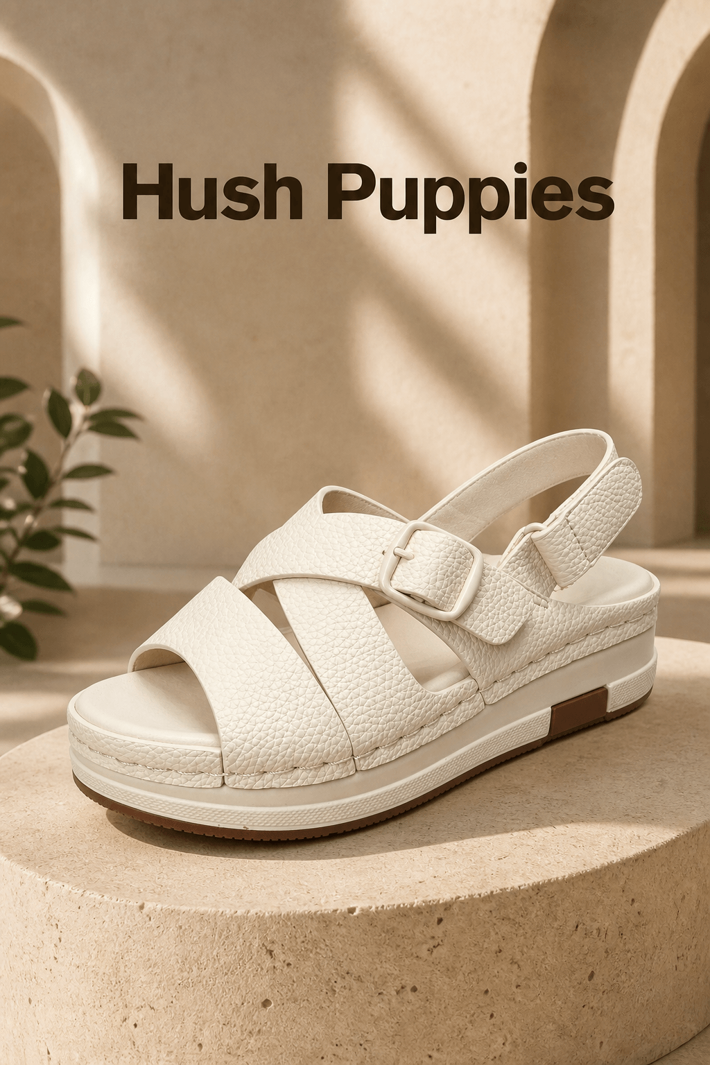 Hush Puppies 女款柔白交叉寬帶厚底涼鞋