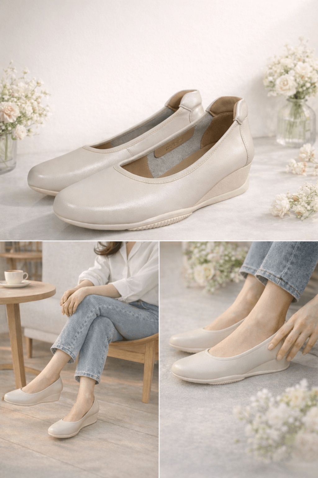 Hush Puppies 極簡輕量牛皮楔型鞋（米杏）