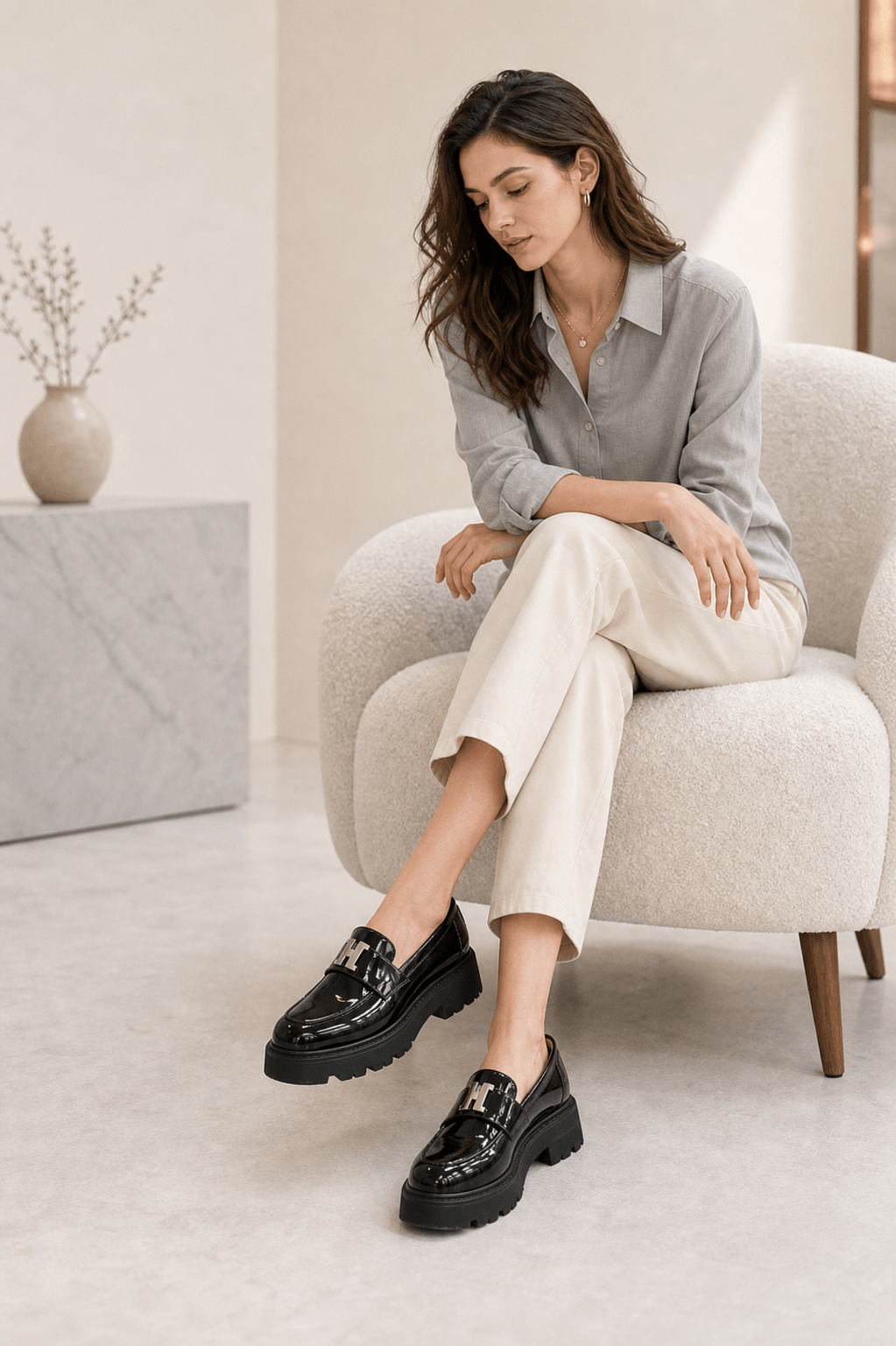Hush Puppies 黑色漆皮厚底樂福鞋