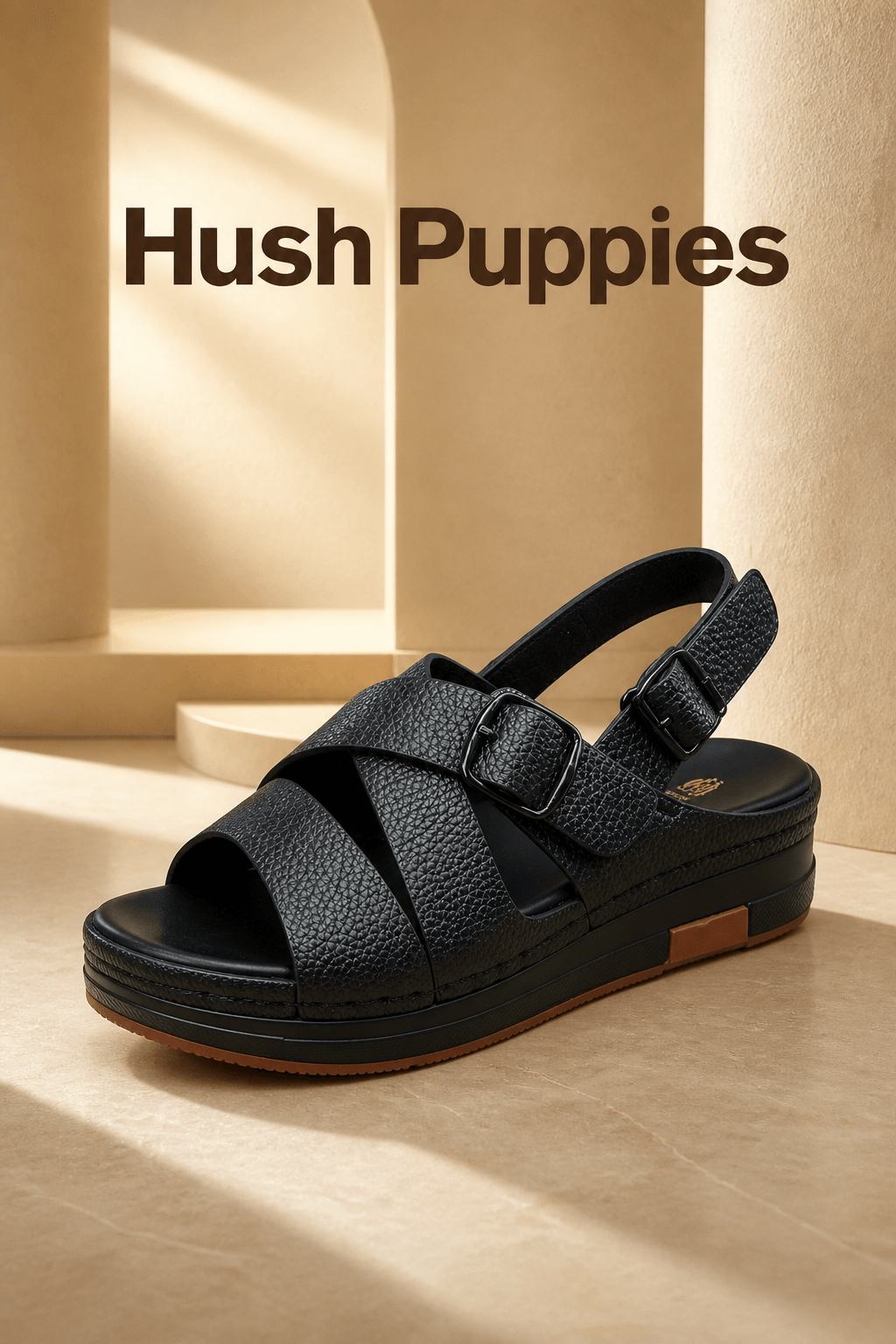 Hush Puppies 女款黑色交叉寬帶厚底涼鞋