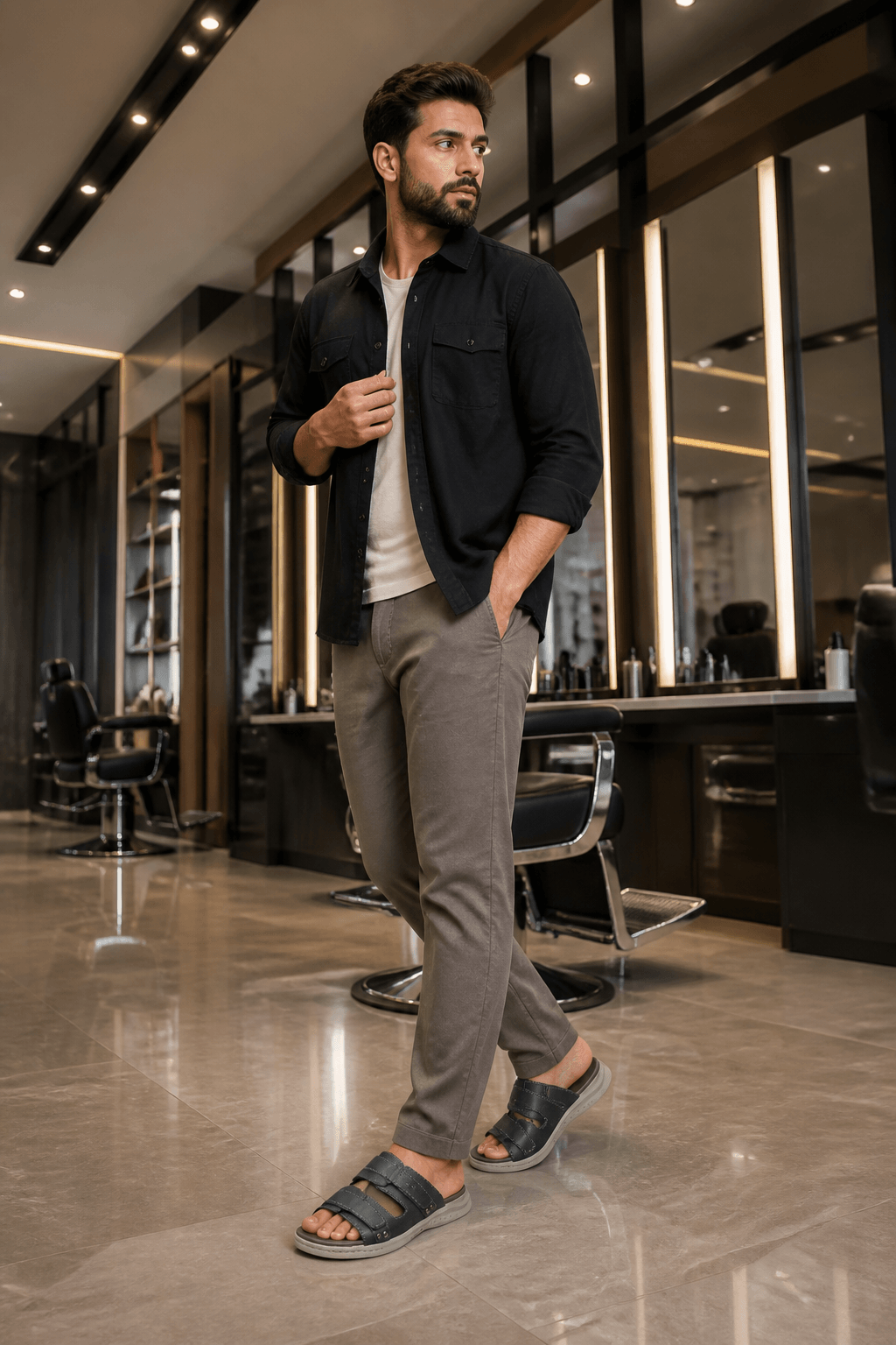 Hush Puppies 男款深灰雙帶休閒拖鞋
