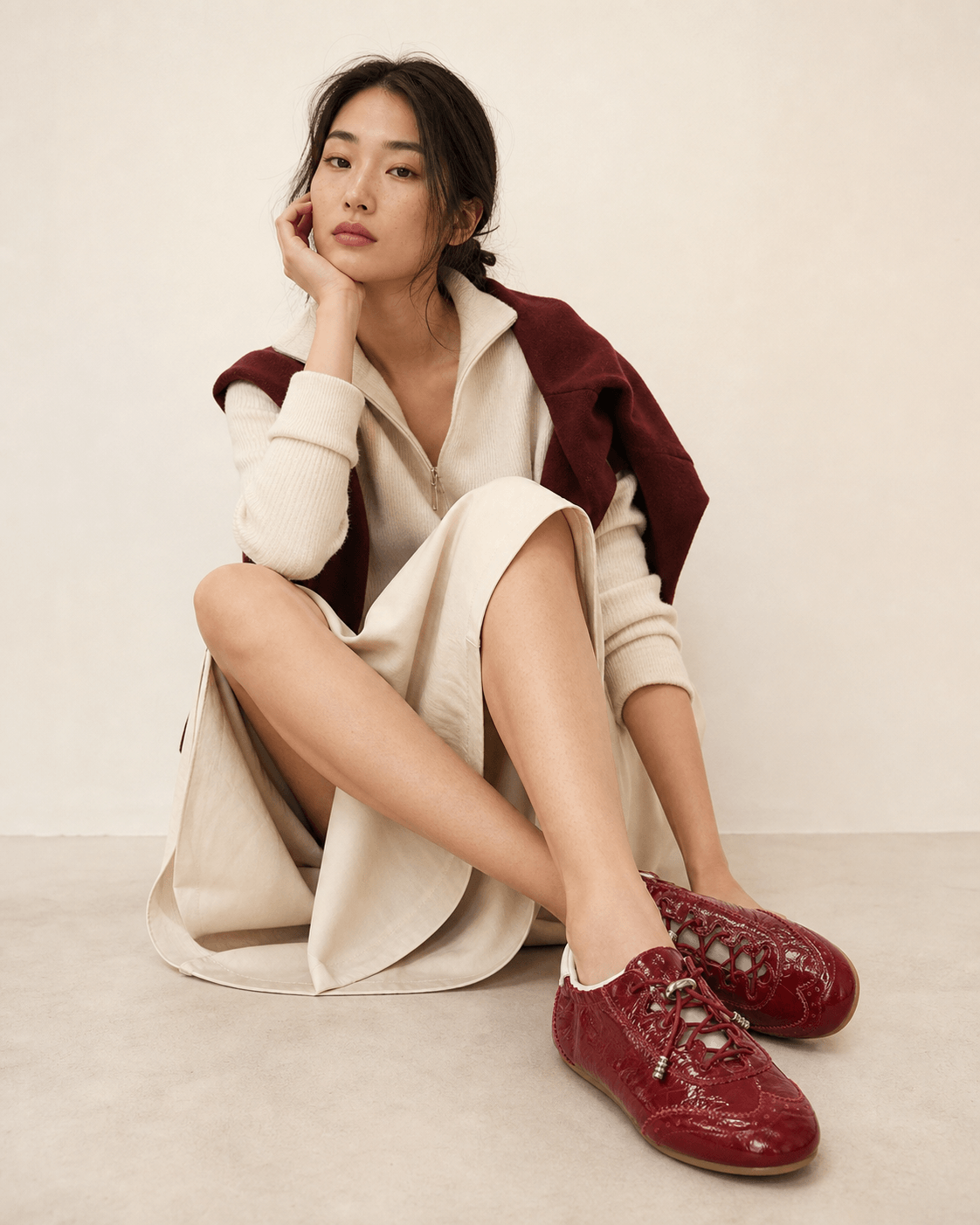 Hush Puppies 酒紅亮面復古休閒鞋