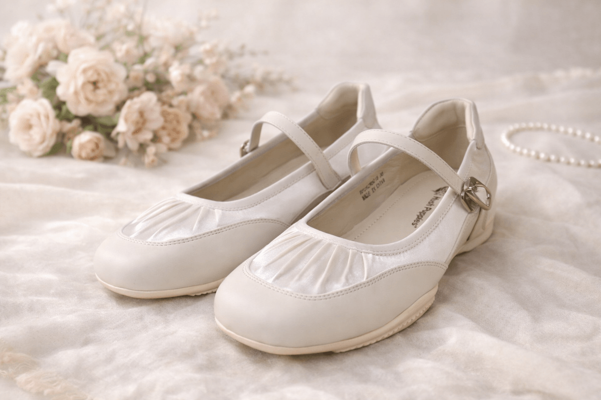 Hush Puppies 微光皺摺拼接瑪莉珍鞋（珍珠白）