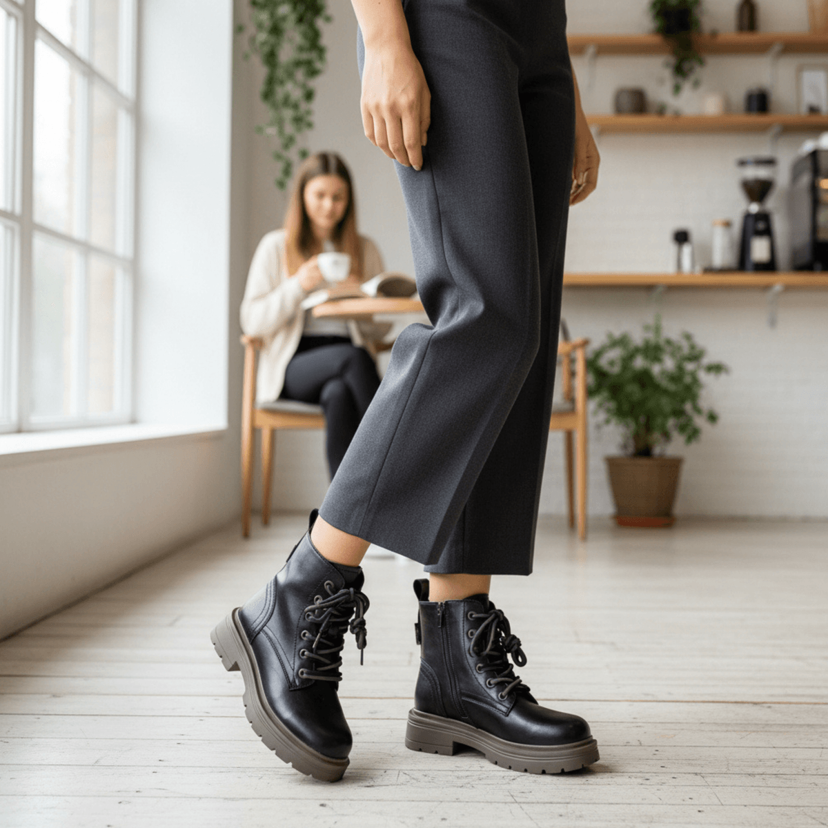 Hush Puppies 雙繩率性厚底真皮馬丁靴