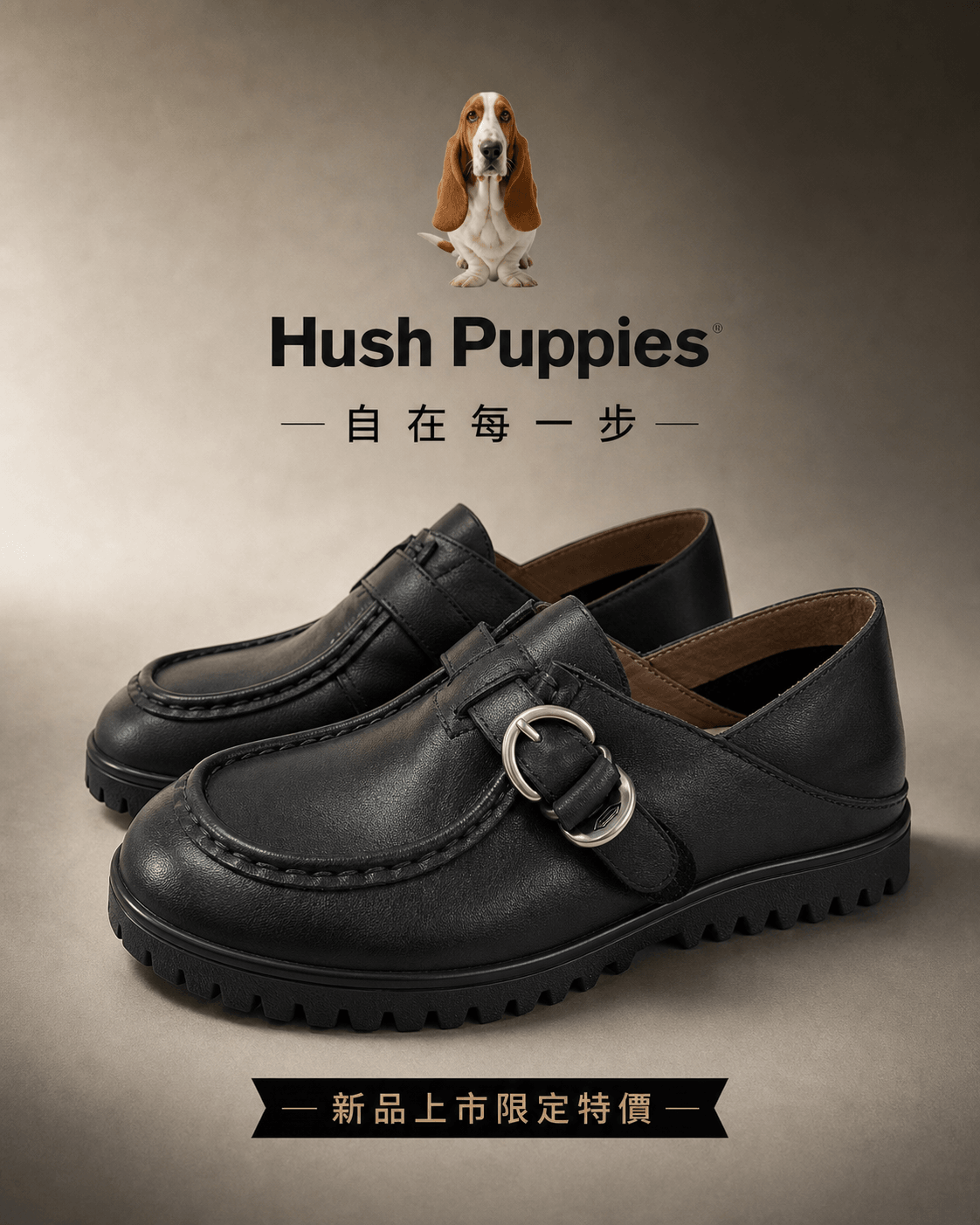 Hush Puppies 黑色方扣樂福鞋