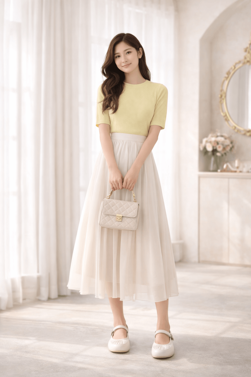 Hush Puppies 微光皺摺拼接瑪莉珍鞋（珍珠白）