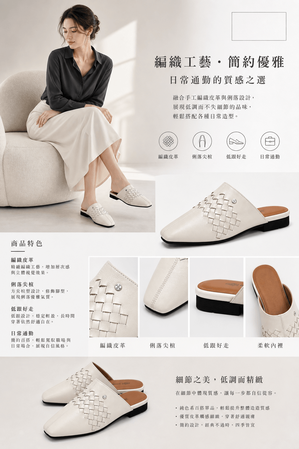 Hush Puppies 白色皮革交叉平底鞋
