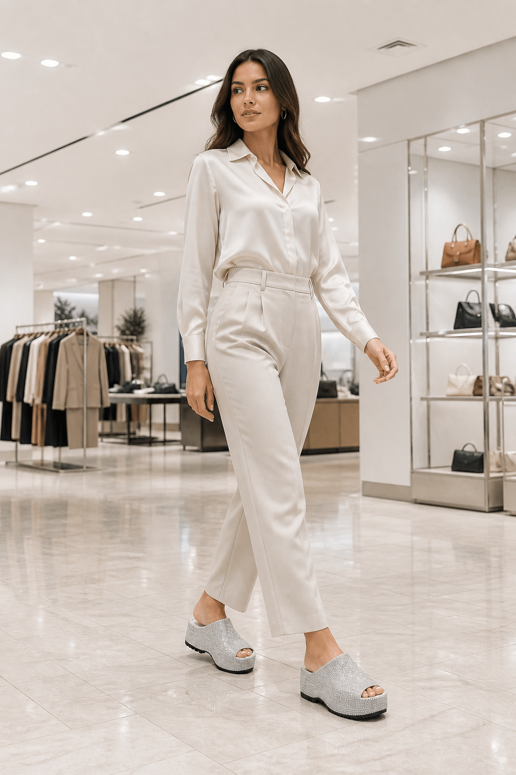 Hush Puppies 女款銀色水鑽厚底拖鞋