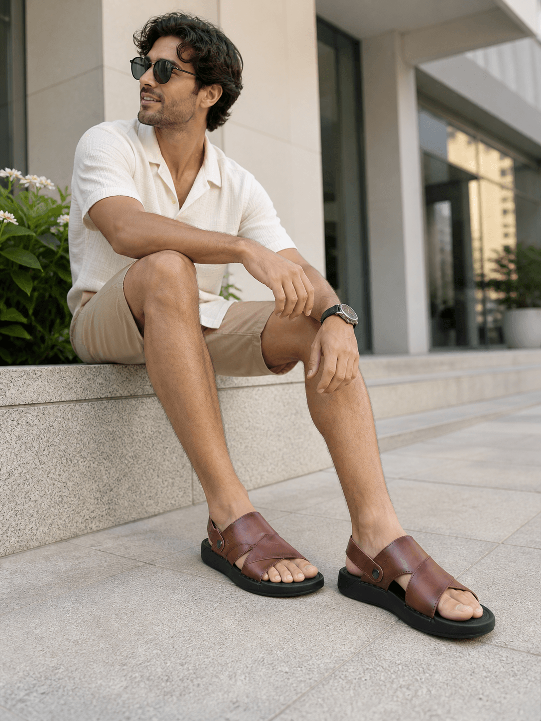 Hush Puppies 男款棕色牛皮後帶涼鞋