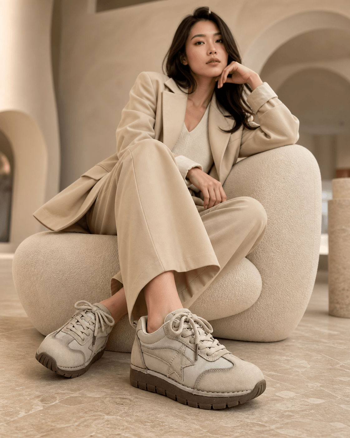 Hush Puppies 米白拼接厚底休閒鞋