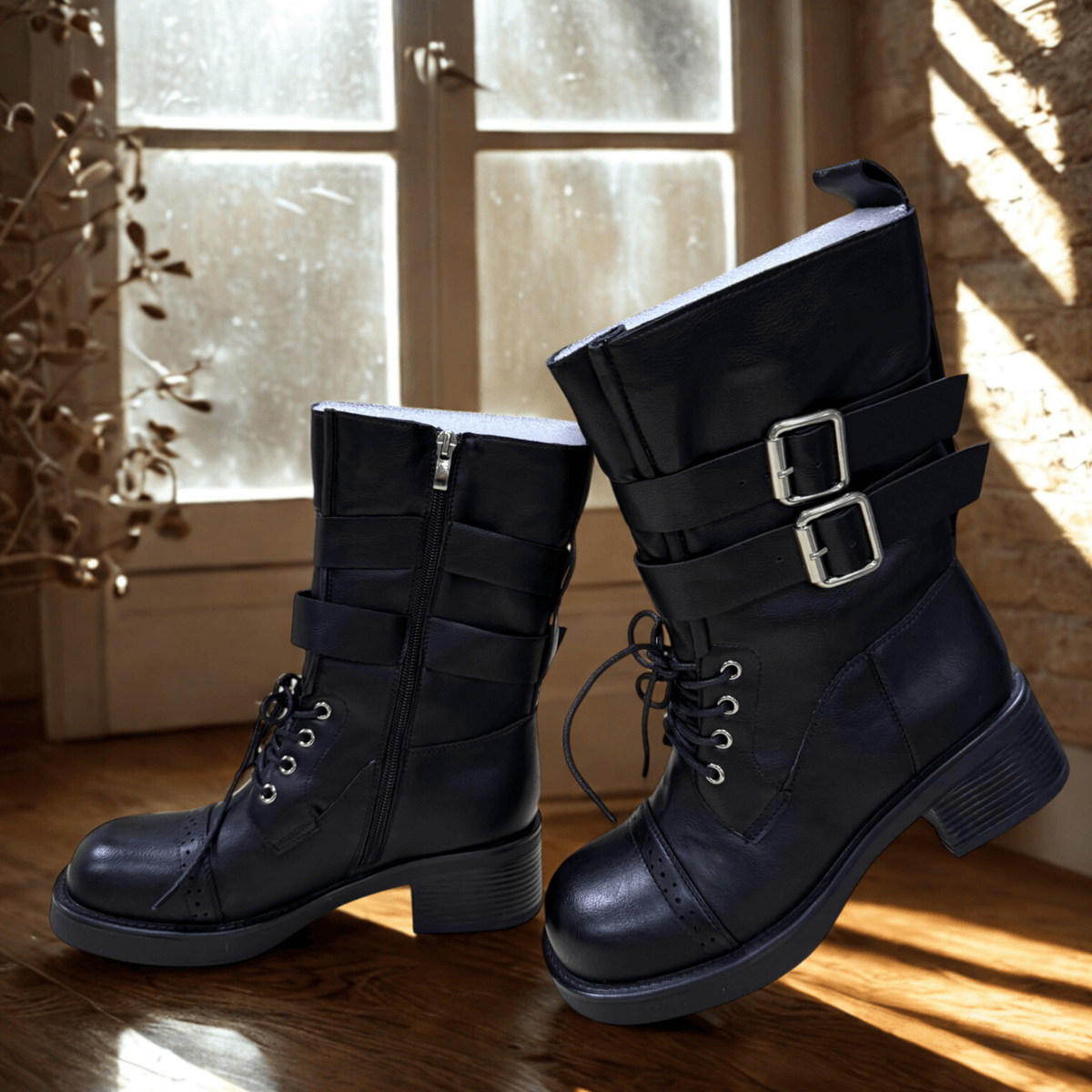 Hush Puppies 英倫復古雙釦牛津方頭中筒靴