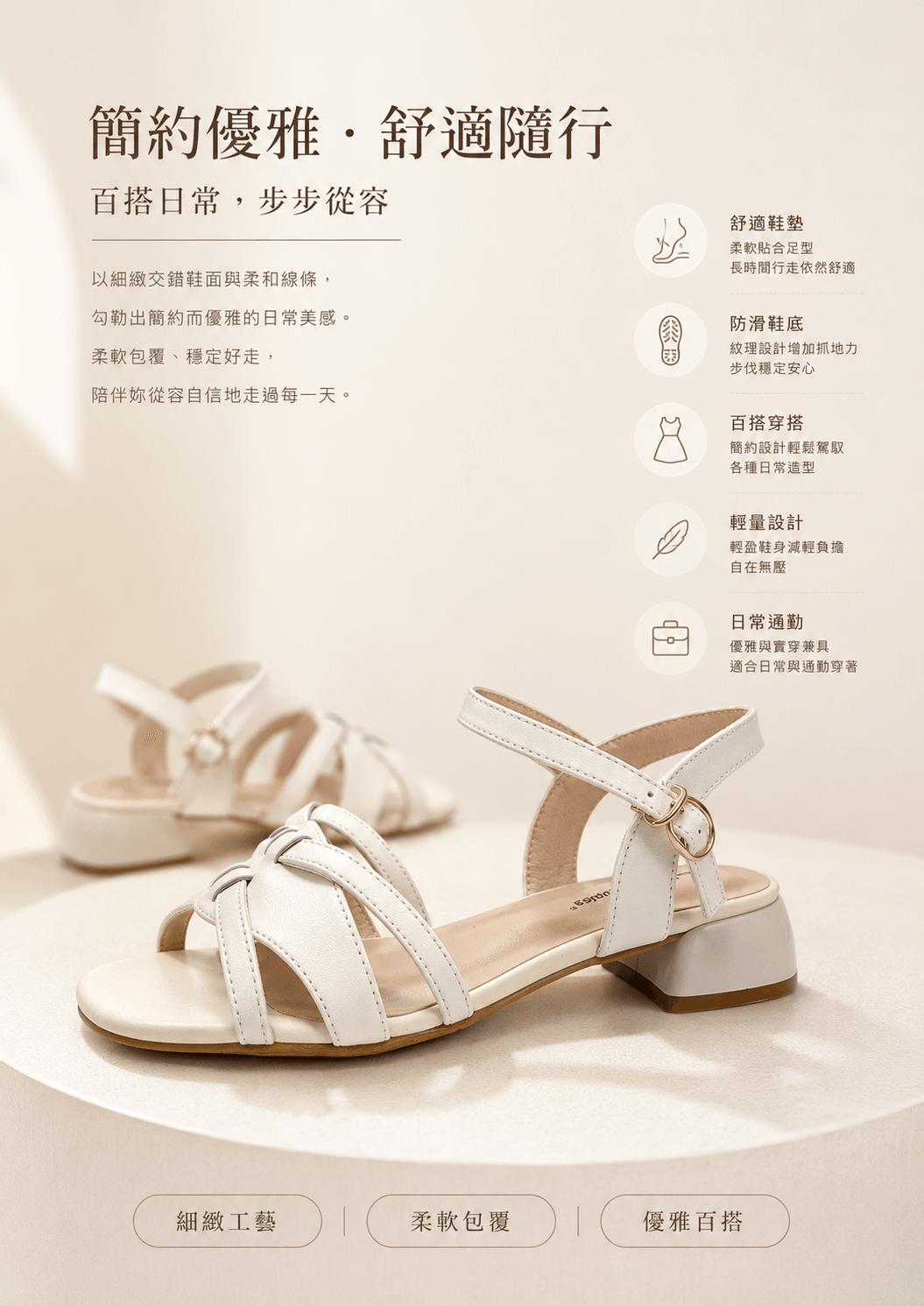 Hush Puppies 米白多帶厚底休閒涼鞋