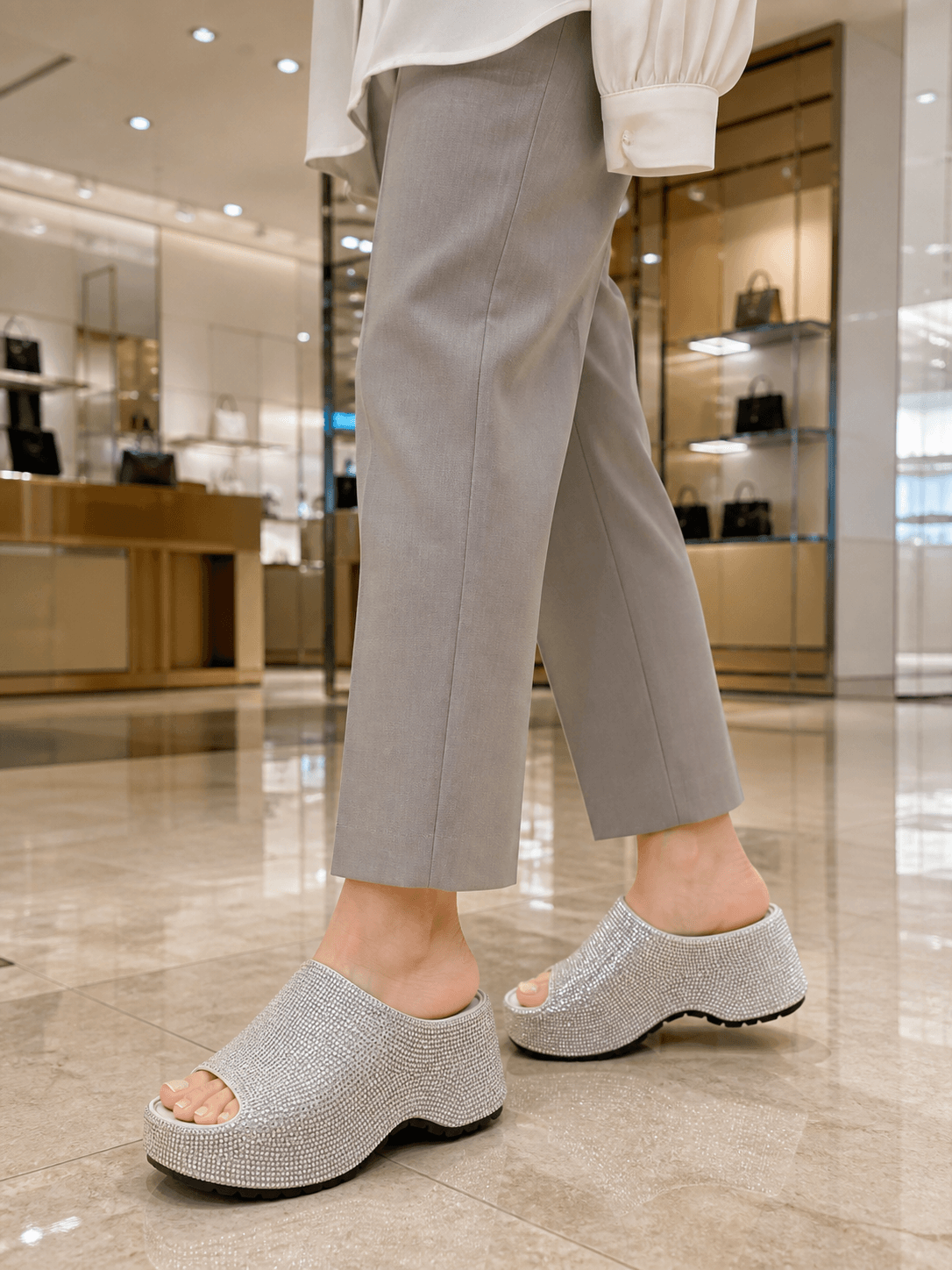 Hush Puppies 女款銀色水鑽厚底拖鞋