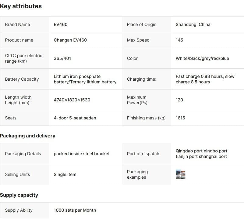 New Energy Electric Motors Car Changan EV460 Smart Electric Car China Ev Cars Made in China Electric