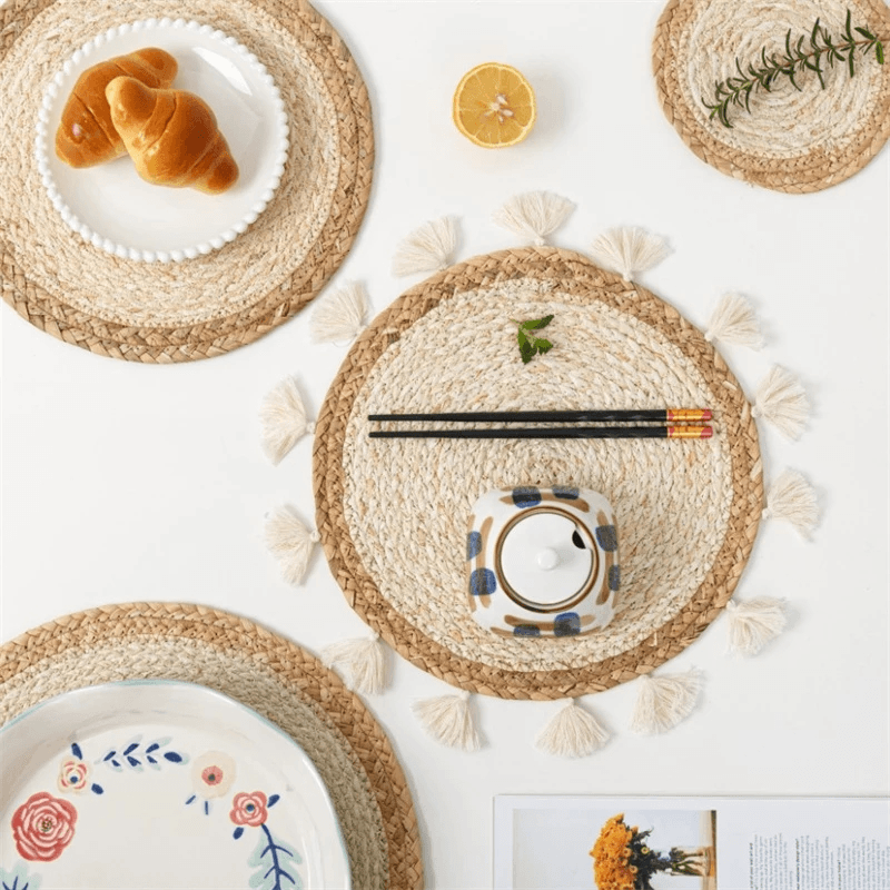 Natural Water Gourd Woven Placemat Round Hyacinth Straw Kitchen Dining Table Mat Insulation Pad Non-