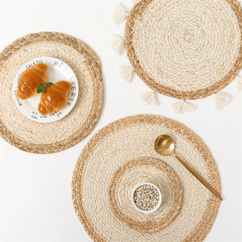 Natural Water Gourd Woven Placemat Round Hyacinth Straw Kitchen Dining Table Mat Insulation Pad Non-