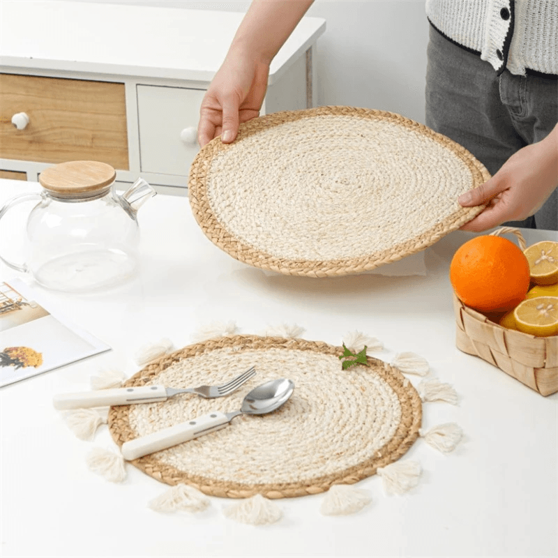 Natural Water Gourd Woven Placemat Round Hyacinth Straw Kitchen Dining Table Mat Insulation Pad Non-