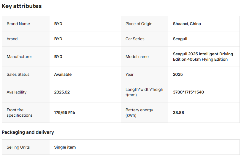 In Stock 2025 New Energy Vehicles Small Electric Cars Used Byd Seagull Smart Driving Edition 405km M