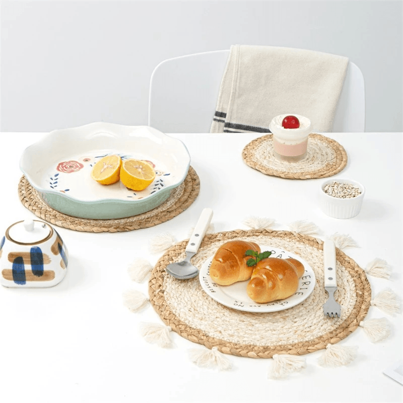 Natural Water Gourd Woven Placemat Round Hyacinth Straw Kitchen Dining Table Mat Insulation Pad Non-