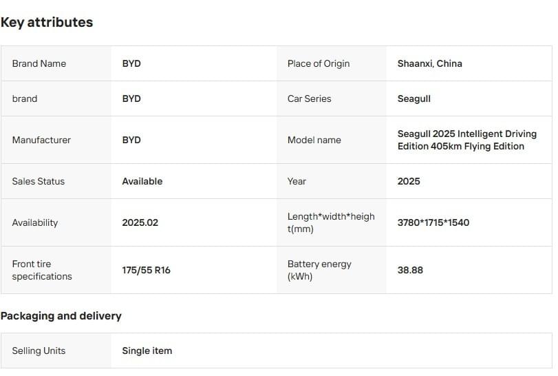 Wholesale 2025 New Energy Vehicles Small Electric Auto Byd Seagull Smart Driving Edition 405km Motor